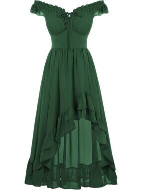 Women's Renaissance Corset Dress Off Shoulder High-Low Chiffon Midi Dress-Green